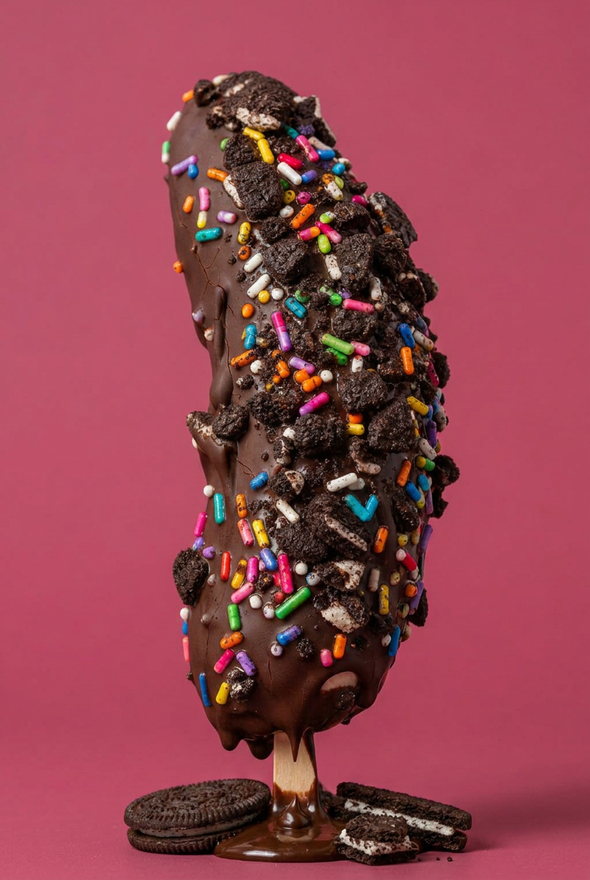 Chocolate-dipped frozen banana with sprinkles and crushed cookies